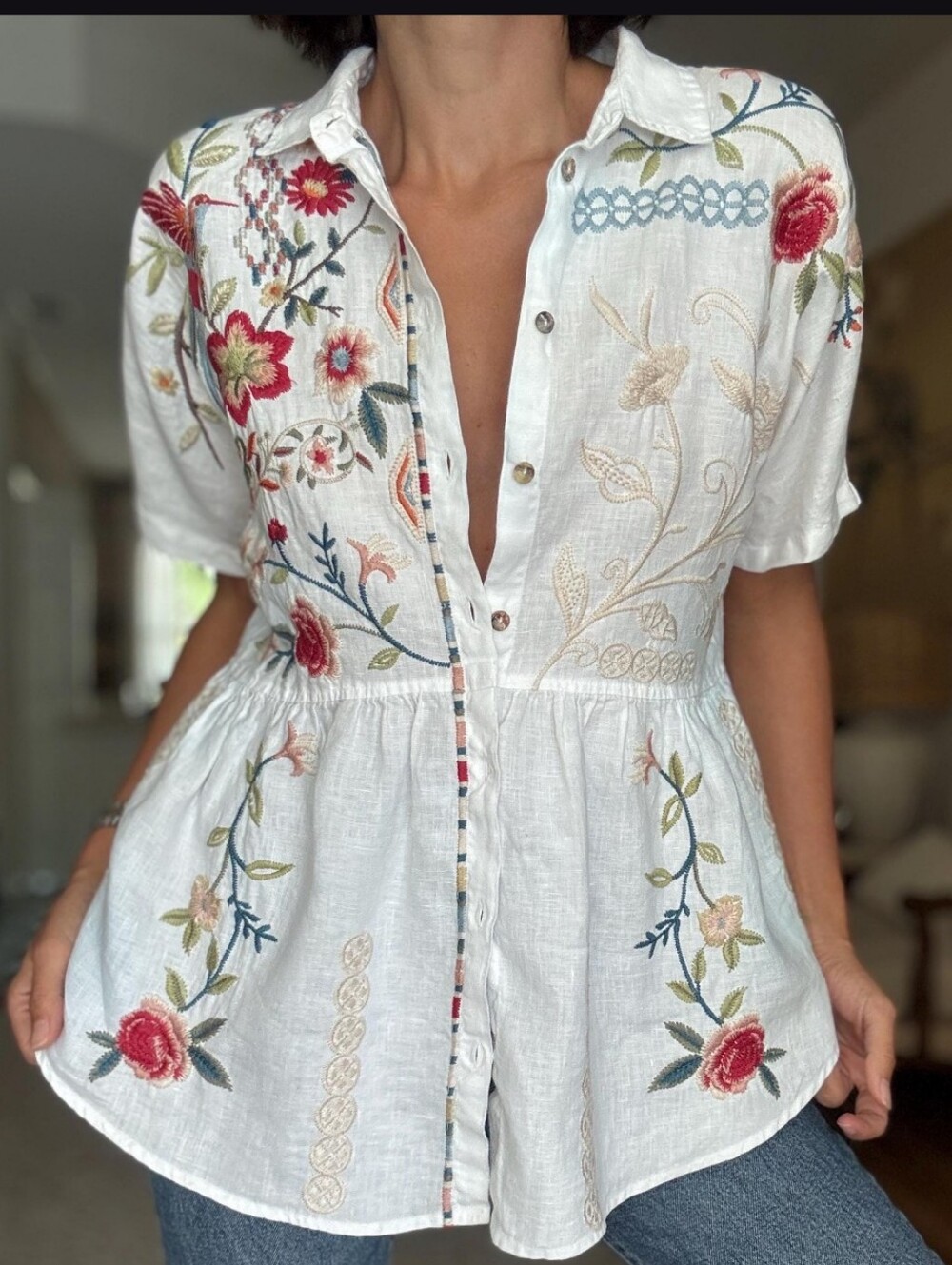 Johnny Was White Ramie Floral & Hummingbird Embroidered Button Down Peplum Top